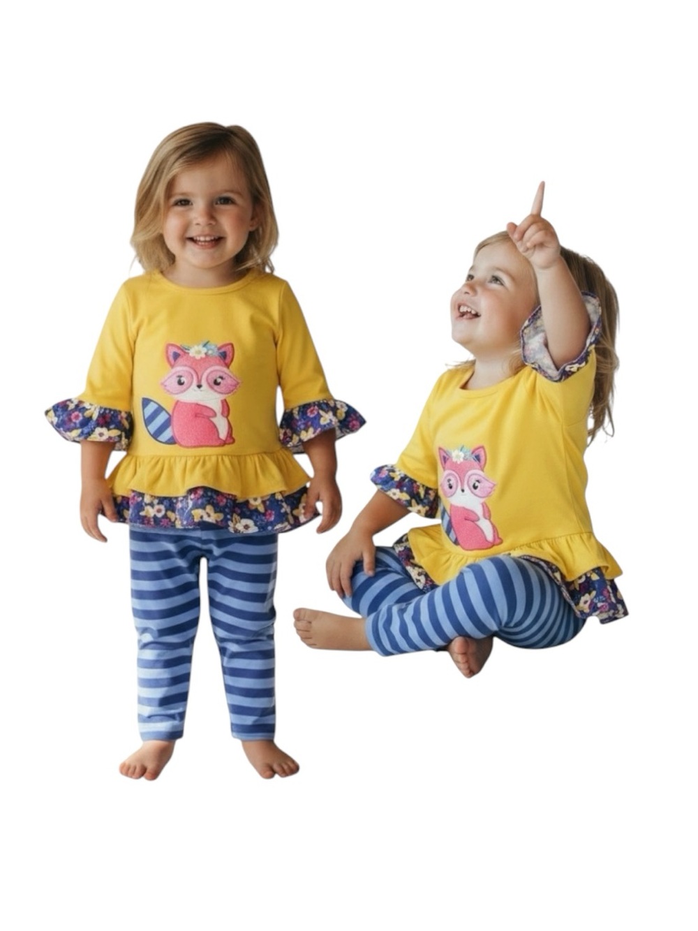 Rare Editions Yellow Fox Top with Blue Striped Leggings Kids Matching Set